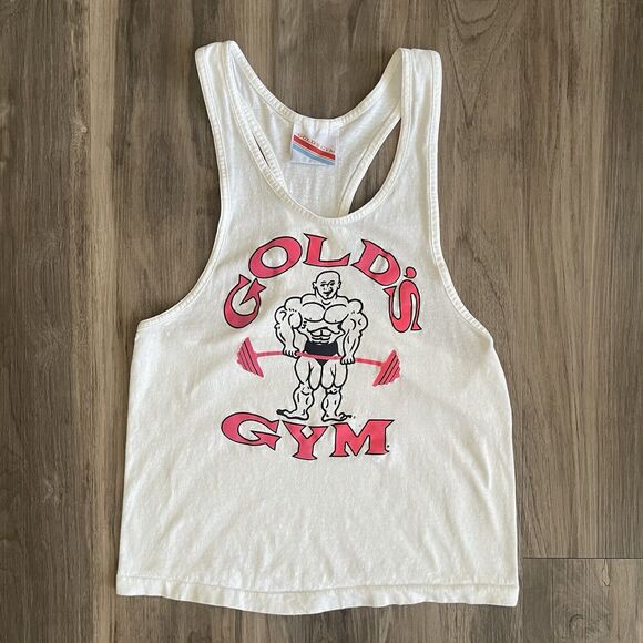 Vintage 1980s Golds Gym Tank Top Size S Made in USA Mens White Stringer Gym - Picture 1 of 8